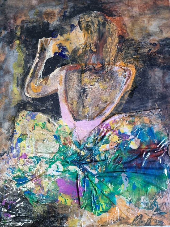 A painting depicting a back-profile self-portrait of an artist, with a focus on the interplay of light and shadow, and a colorful, flowing dress.