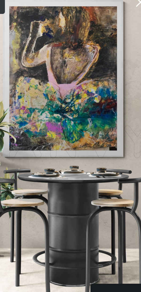 Abstract painting of a woman with flowers on a wall above a modern dining table.