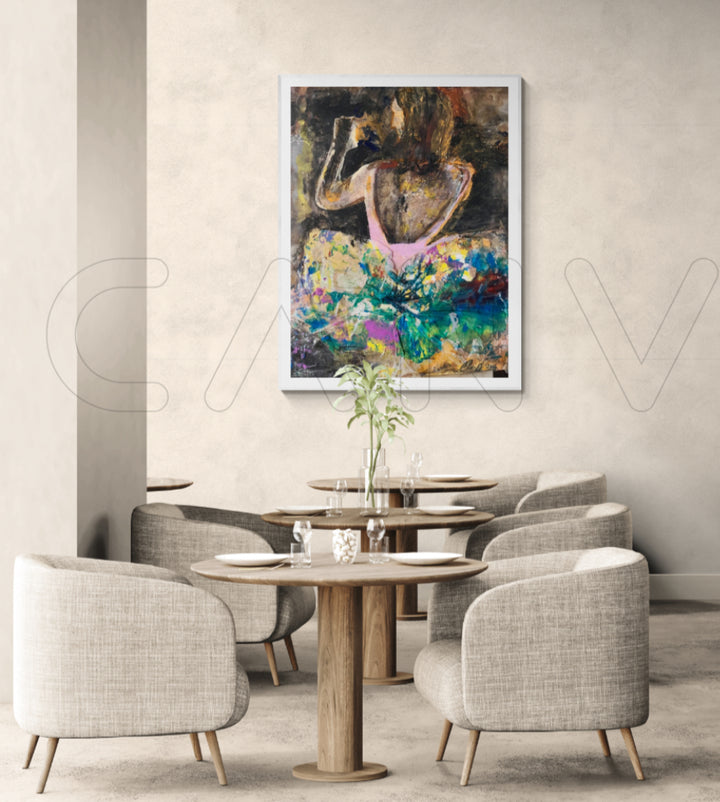 Dining room with round wooden table and chairs, abstract painting on the wall.