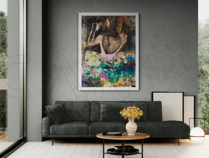 Living room with a gray sofa, coffee table, and colorful abstract painting on the wall.