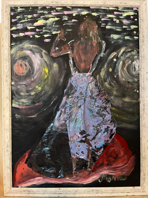 Abstract painting of a person with swirling patterns in the background