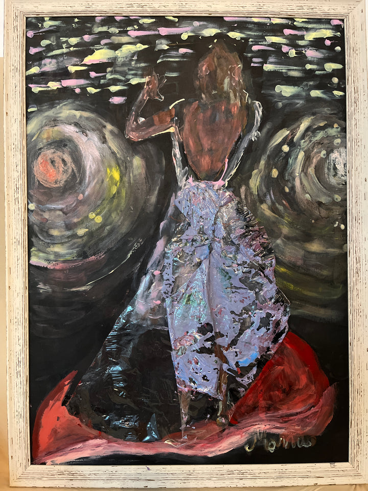 Abstract painting of a person with swirling patterns in the background